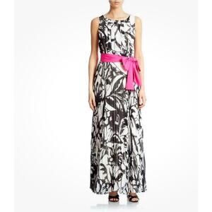 EUC Eliza J 6 Pleated Chiffon Floral Gown Wedding Maxi Dress Black White Pink
